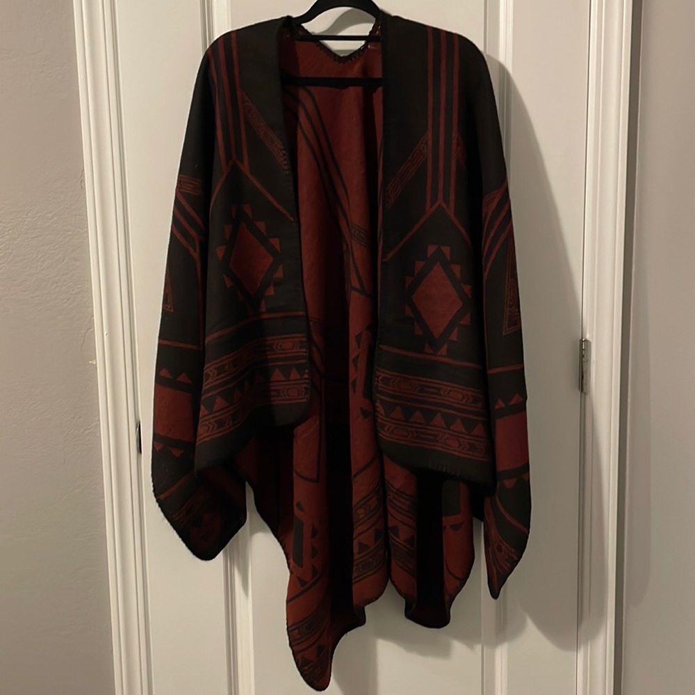 Just Cozy Poncho Scarf (red with black geometric print)